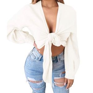 Goddess Tie in Front Crop Top, White (Size Small)